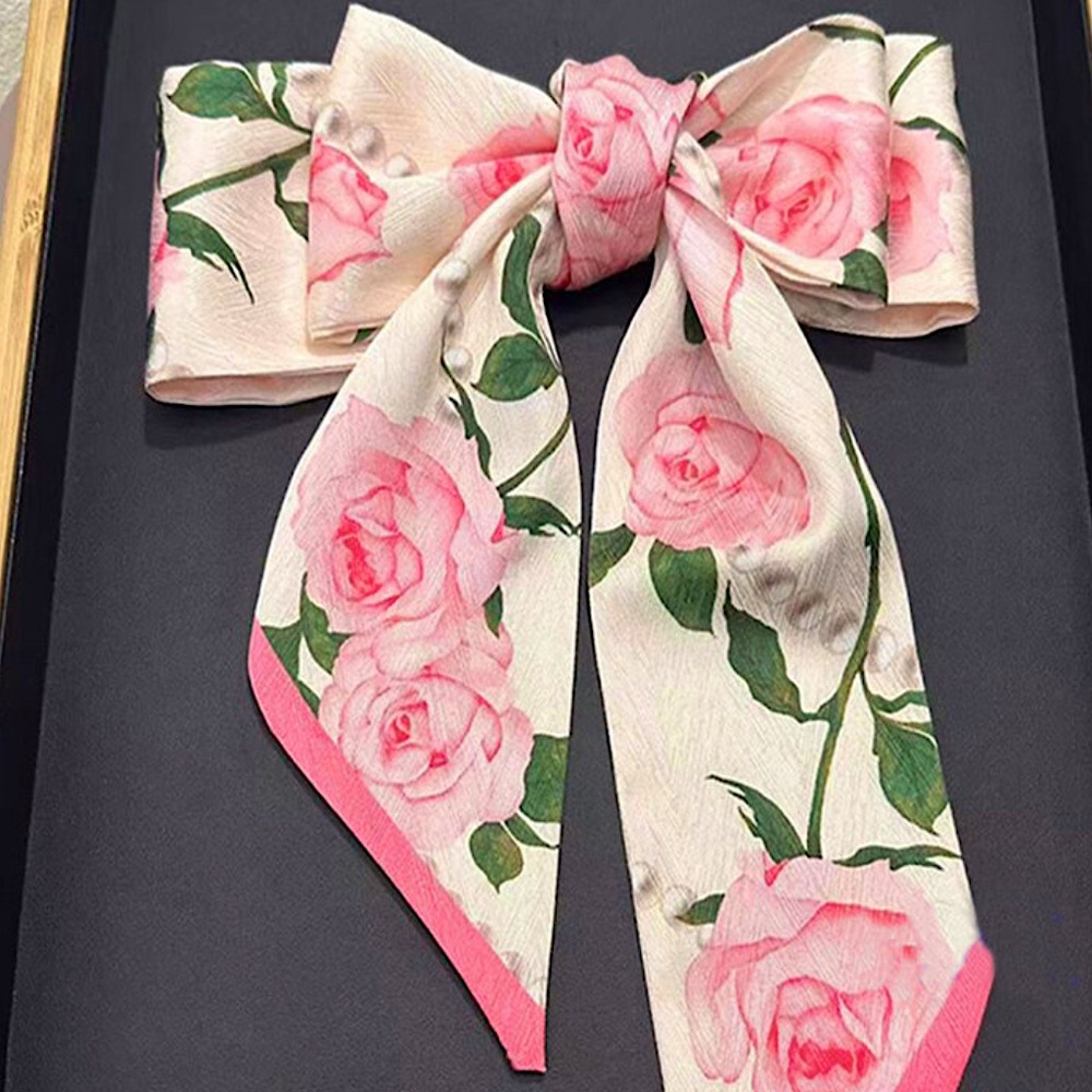 Pink White & Green Rose Floral Flowers & Pearls Neck & Hair Scarf
